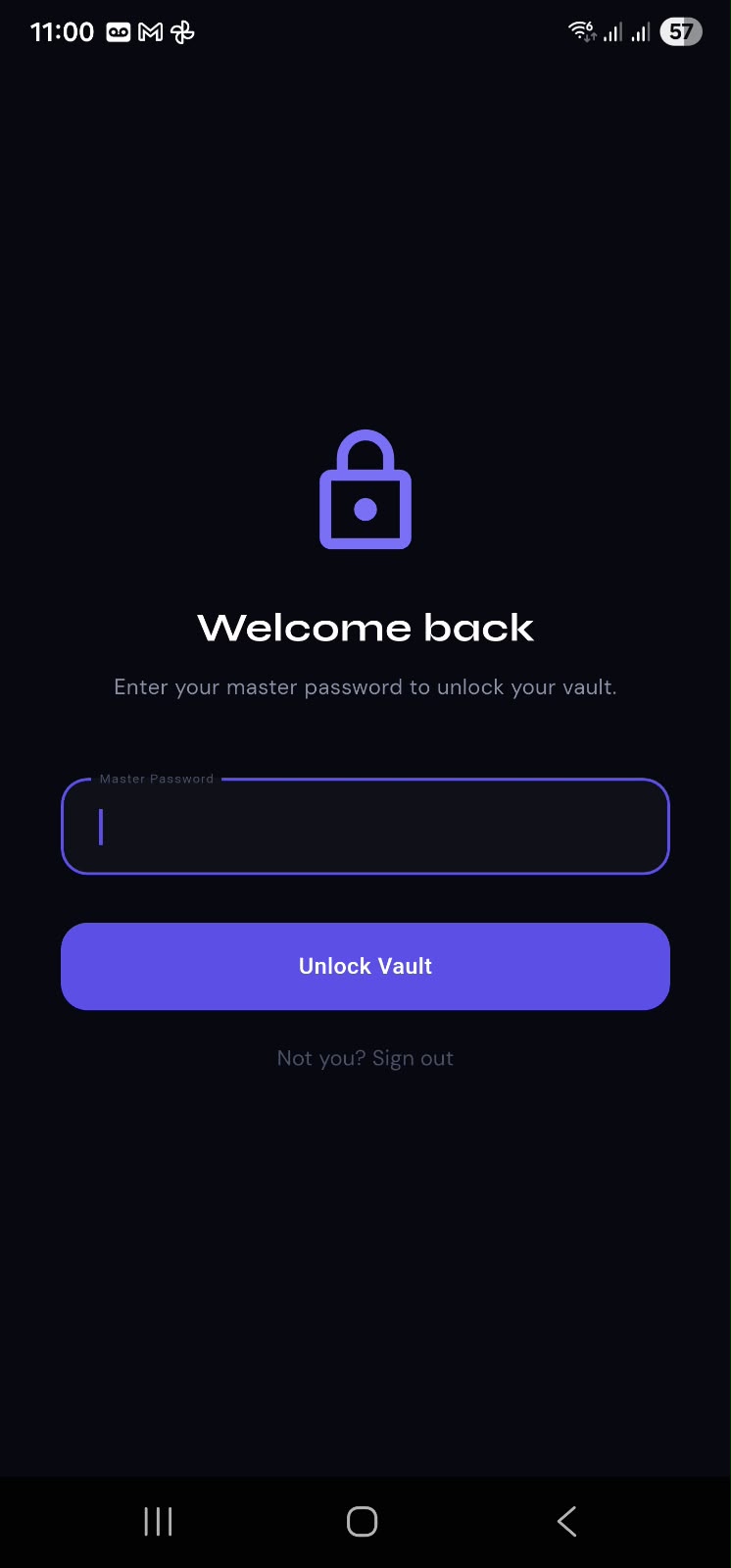 Silvora's unlock screen, entering a master password to open an encrypted vault